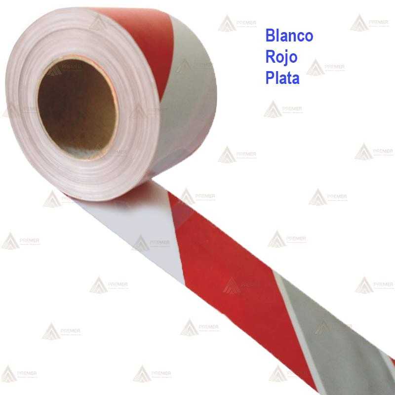 Cinta de balización con franjas Rojas/Blancas/Plata. Galga 200 (250m x 1 cm)
