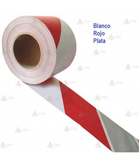 Cinta de balización con franjas Rojas/Blancas/Plata. Galga 200 (250m x 1 cm)