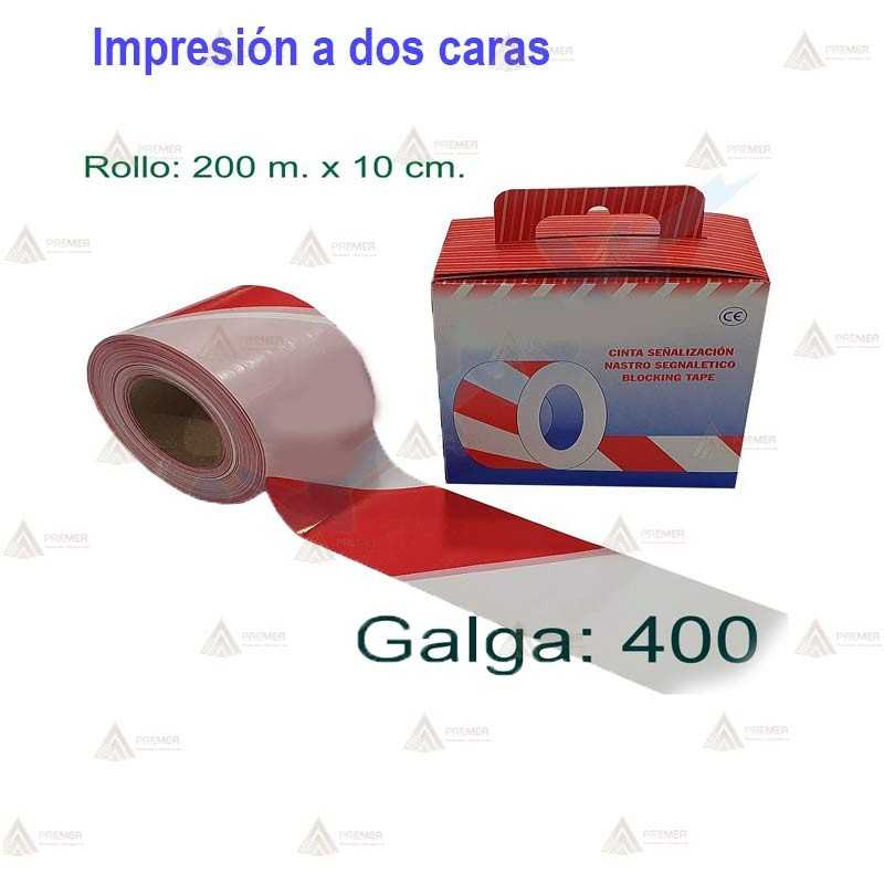 Cinta de balización franjas rojas/blancas en las dos caras. Galga 400 (200m x 10 cm)