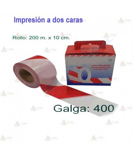 Cinta de balización franjas rojas/blancas en las dos caras. Galga 400 (200m x 10 cm)
