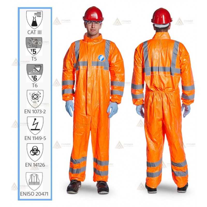 Buzo desechable alta visibilidad TYVEC-500HV color naranja flúor. Tipo 5 y 6