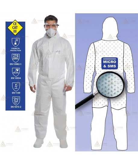 Buzo biztex microcool antiestático, desechable altamente transpirable -Tipo 5 y 6- color blanco