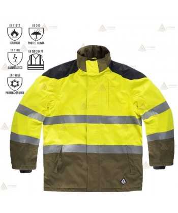 Parka ignífuga e impermeable con refuerzos para bomberos forestales
