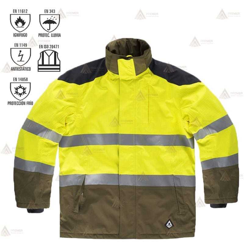 Parka ignífuga e impermeable con refuerzos para bomberos forestales