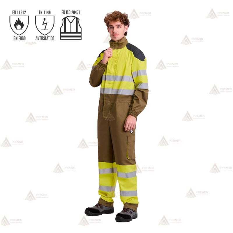 Buzo ignífugo con refuerzos y alta visibilidad para bomberos forestales