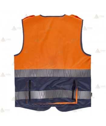 Chaleco alta visibilidad naranja flúor/marino multibolsillos con cintas segmentadas