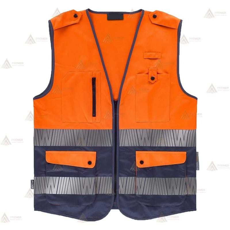 Chaleco alta visibilidad naranja flúor/marino multibolsillos con cintas segmentadas