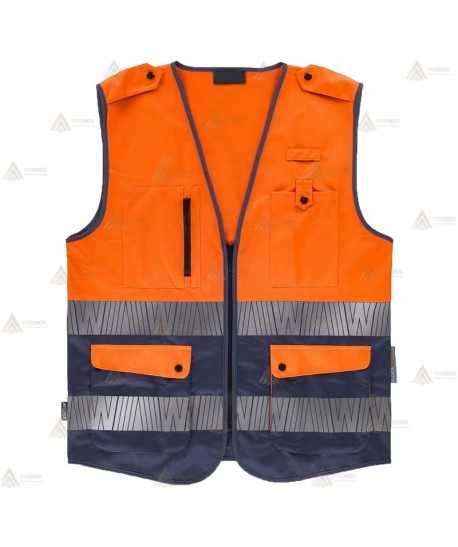 Chaleco alta visibilidad naranja flúor/marino multibolsillos con cintas segmentadas