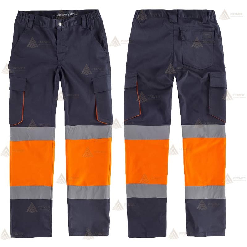 Pantalón Alta visibilidad multibolsillos con tejido elástico color azul marino y naranja flúor