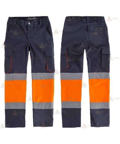 Pantalón Alta visibilidad multibolsillos con tejido elástico color azul marino y naranja flúor