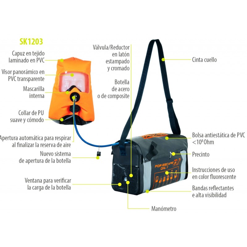 Equipo de escape con capucha  económico con botella de 2 litros/15 minutos