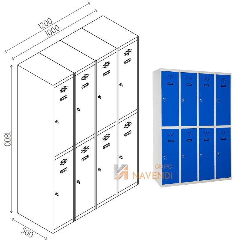 Taquilla metálica, dos puertas con cerradura en 4 módulos de 50x180 cm