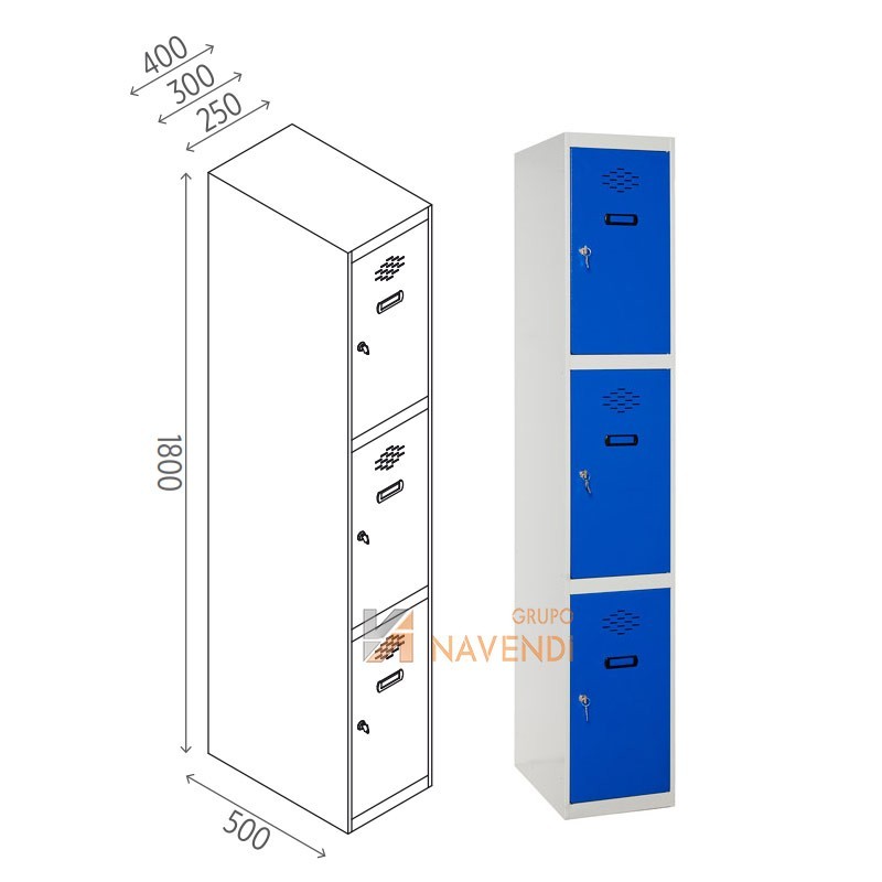 Taquillas metálica de tres puertas de 50 x 180 cm cada módulo