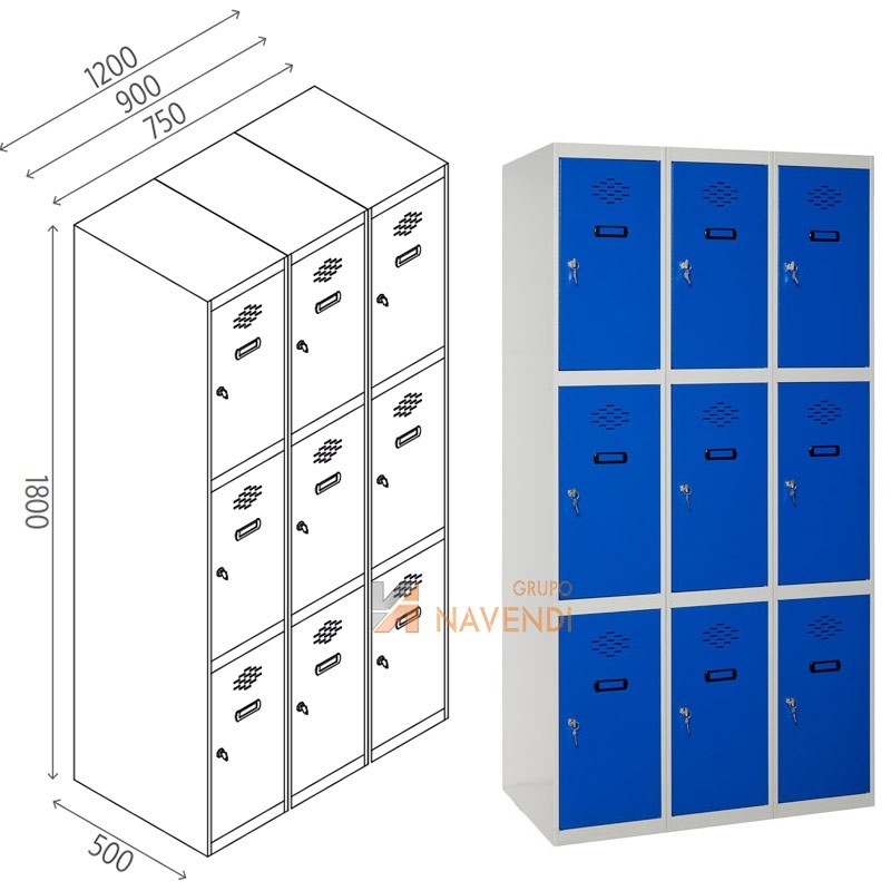 Taquillas metálica de tres puertas de 50 x 180 cm cada módulo