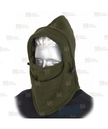 Gorro o verdugo combinado de forro polar color verde kaki. Con ajuste mediante elástico y tanca