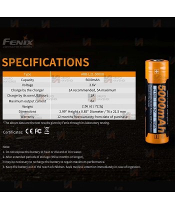 Batería de Li-Ion Fénix 3,6V y 5000 mAh con micro-USB de carga