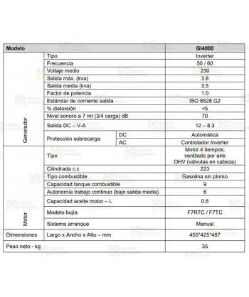Generador inverter con motor a gasolina de 4 tiempos y 4000W de potencia