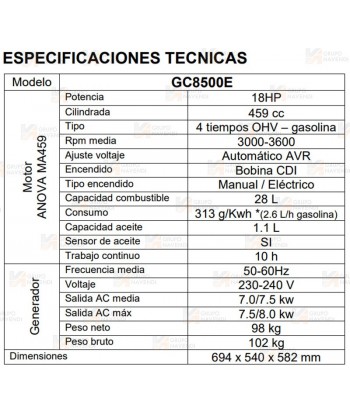 Generador eléctrico con motor a gasolina de 4 tiempos y 8.500W de potencia