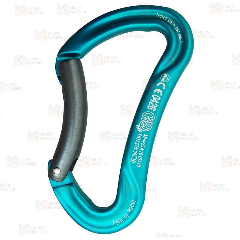 Mosquetón plano asimétrico de aluminio con gatillo curvo (Bent Gate) color cian