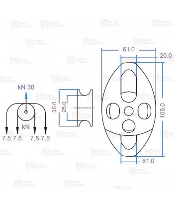 Polea doble para cuerdas con apertura y enganche doble (25 kN)