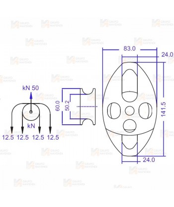 Polea doble para cuerdas con apertura y enganche doble (50 kN)