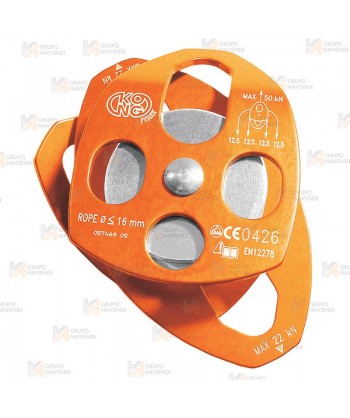 Polea doble para cuerdas con apertura y enganche doble (50 kN) color naranja