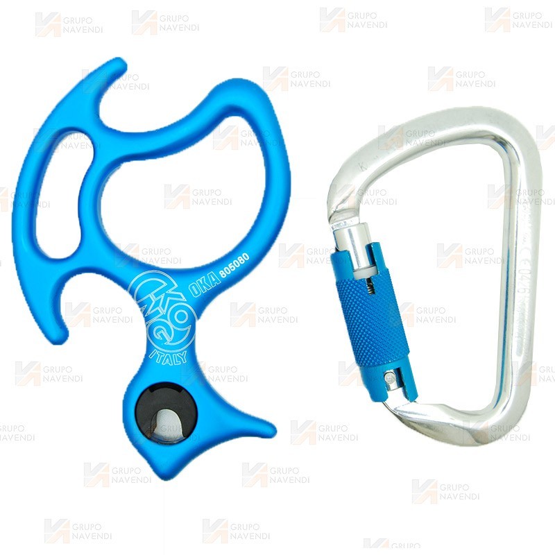 Kit  de descensor asegurador con conector para barranquismo Oka de Kong color azul