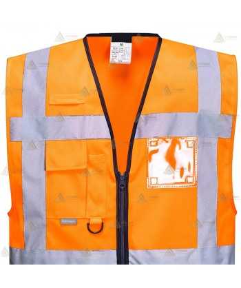 Chaleco bicolor de alta visibilidad color marino/naranja flúor, multibolsillos para Protección Civil
