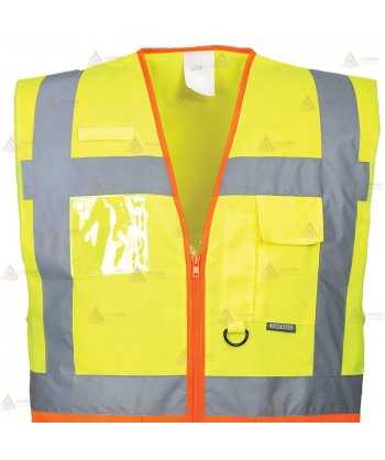 Chaleco bicolor de alta visibilidad color amarillo flúor/naranja flúor, multibolsillos para Protección Civil