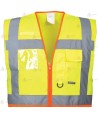 Chaleco bicolor de alta visibilidad color amarillo flúor/naranja flúor, multibolsillos para Protección Civil