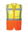 Chaleco bicolor de alta visibilidad color amarillo flúor/naranja flúor, multibolsillos para Protección Civil