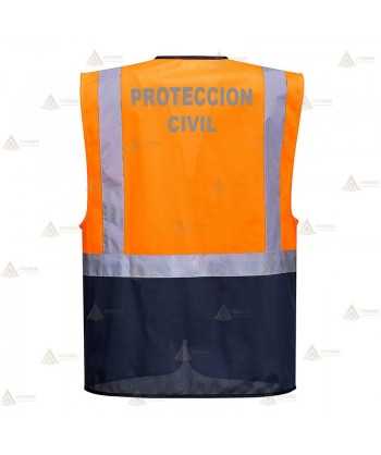Chaleco bicolor de alta visibilidad color marino/naranja flúor, multibolsillos para Protección Civil