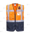 Chaleco bicolor de alta visibilidad color marino/naranja flúor, multibolsillos para Protección Civil