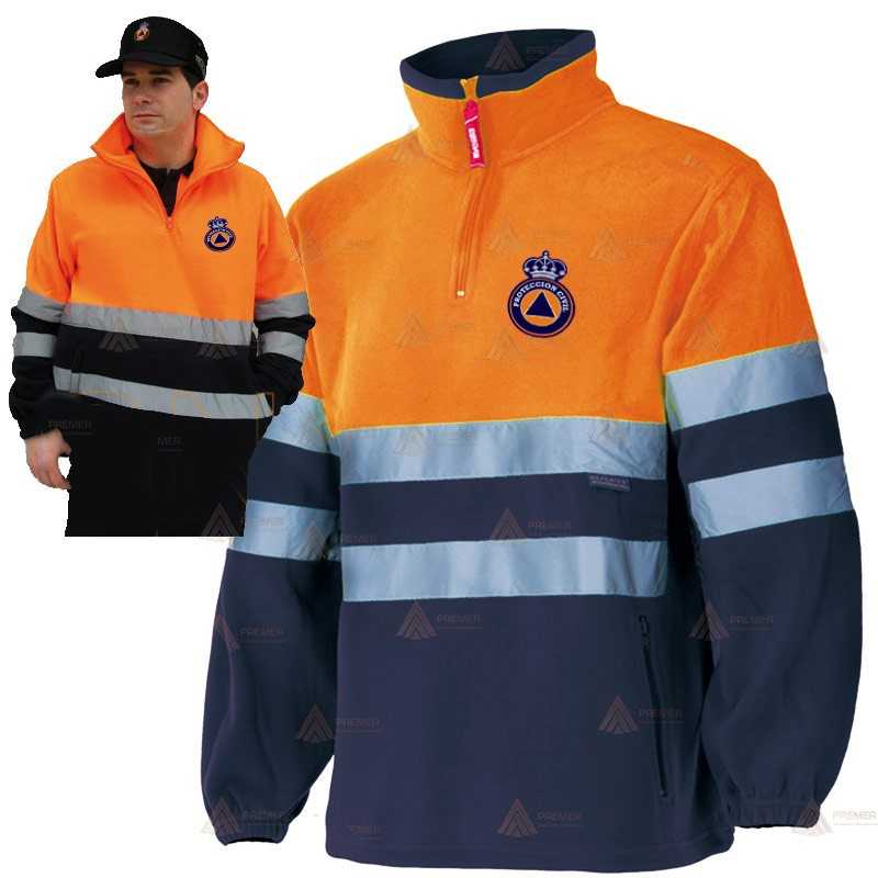 Sudadera bicolor de alta visibilidad con media cremallera color naranja flúor/marino para Protección Civil