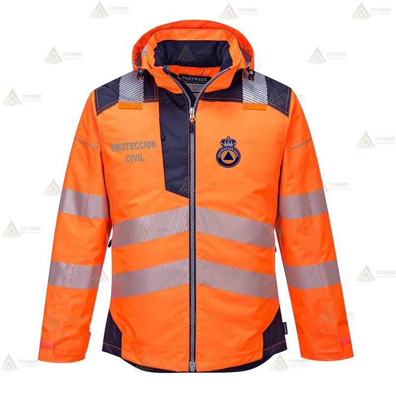 Parka de alta visibilidad con cintas segmentadas y capucha para Protección Civil