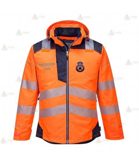 Parka de alta visibilidad con cintas segmentadas y capucha para Protección Civil