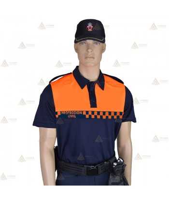 Polo de manga corta con cinta damero reflectante color naranja para Protección Civil