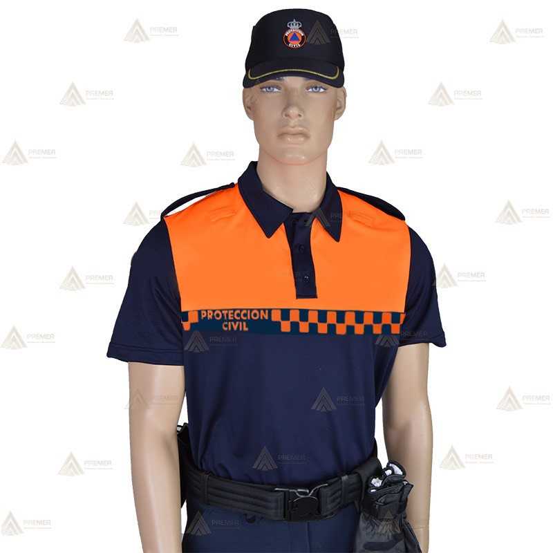 Polo de manga corta con cinta damero reflectante color naranja para Protección Civil