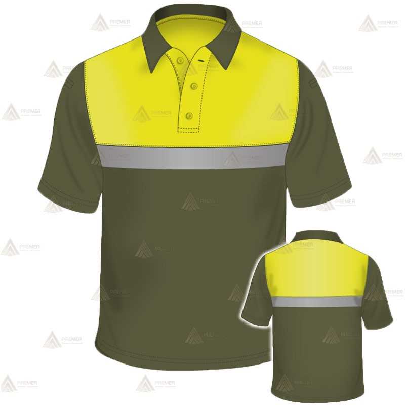 Polo transpirable de manga corta para Agentes Forestales en color verde militar y amarillo flúor