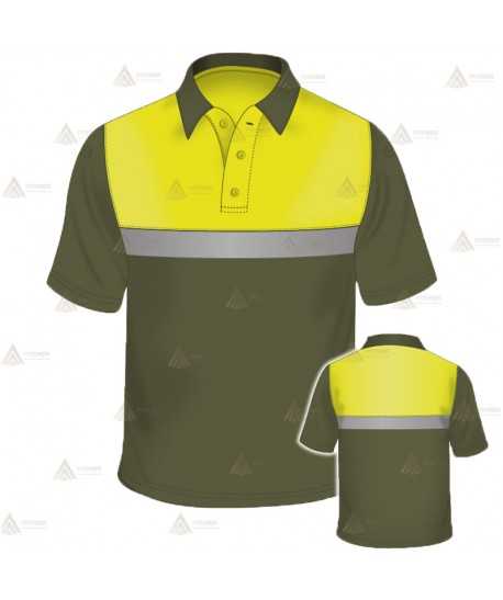 Polo transpirable de manga corta para Agentes Forestales en color verde militar y amarillo flúor