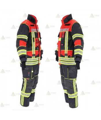 Chaquetón de intervención Premiun para bomberos color azul marino/rojo flúor  y cintas reflectantes segmentadas