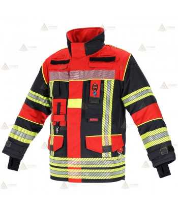 Chaquetón de intervención Premiun para bomberos color azul marino/rojo flúor y cintas reflectantes segmentadas