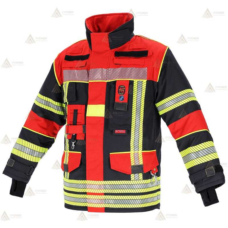 Chaquetón de intervención Premiun para bomberos color azul marino/rojo flúor  y cintas reflectantes segmentadas