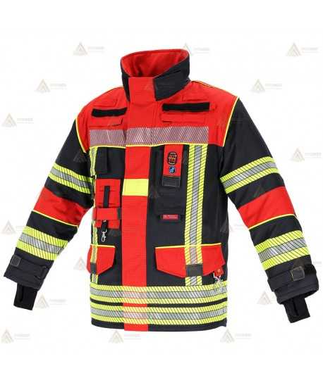 Chaquetón de intervención Premiun para bomberos color azul marino/rojo flúor  y cintas reflectantes segmentadas