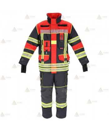 Chaquetón de intervención Premiun para bomberos color azul marino/rojo flúor  y cintas reflectantes segmentadas