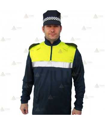 Polo bicolor cuello cisne personalizable para Policía Local en color azul marino y amarillo flúor