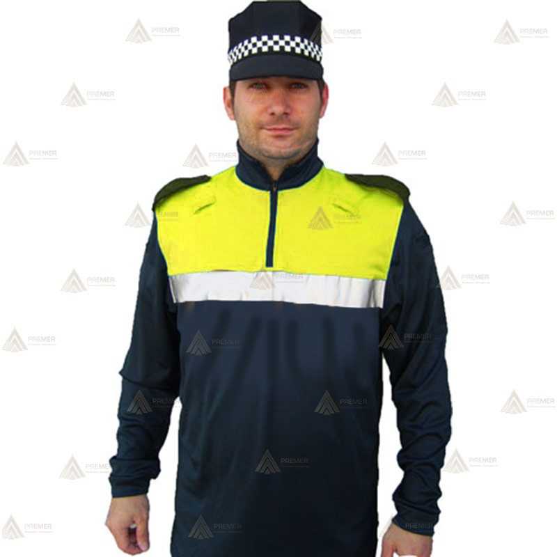 Polo bicolor cuello cisne personalizable para Policía Local en color azul marino y amarillo flúor