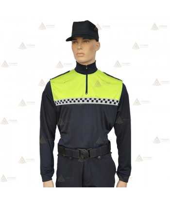 Polo bicolor cuello cisne con damero para Policía Local en color azul marino y amarillo flúor