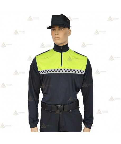Polo bicolor cuello cisne con damero para Policía Local en color azul marino y amarillo flúor