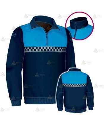 Jersey polar bicolor azul marino y azul tropical de media cremallera con cinta damero reflectante para Policía Local